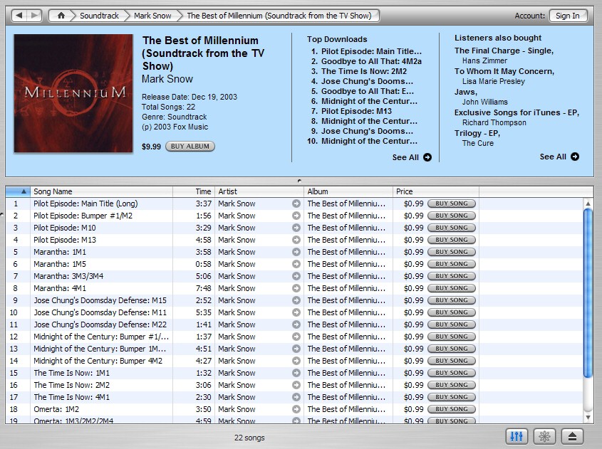 iTunes screen capture showing Millennium Soundtrack.