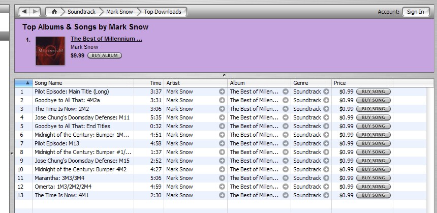 Second iTunes screen capture showing Millennium Soundtrack.