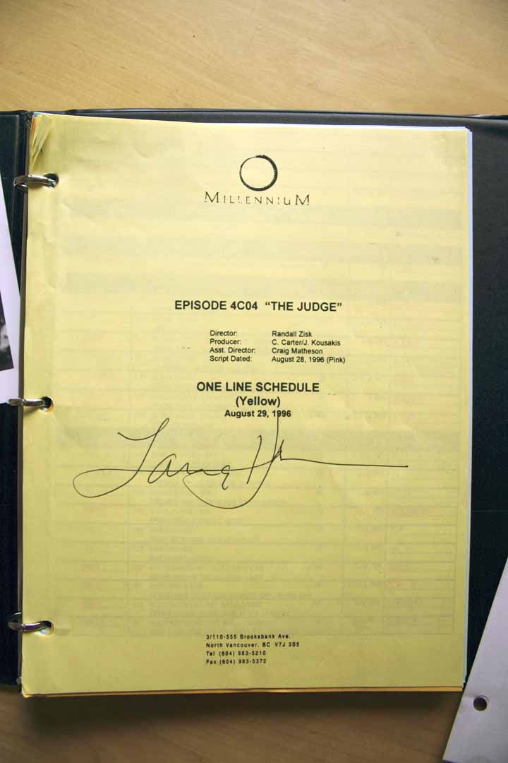 Lance's signed script from the Millennium episode The Judge.