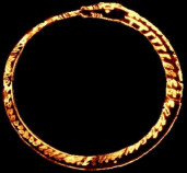 Example of a stylised golden coloured ouroborus - this style of ouroborus appeared in the 1996 TV series Millennium in which the symbol was adopted and styled as a corporate brand logo of a fictitious organisation.